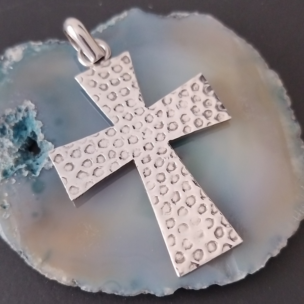 Hammered 925 Silver Cross Pendant Mexico Signed